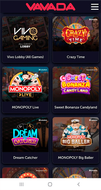 как найти игру Monopoly Live в лобби казино Vavada на мобильном шаг 2